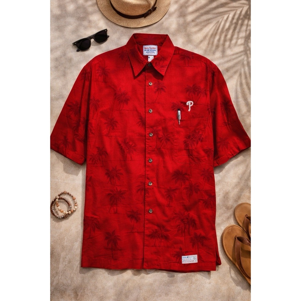 Reyn Spooner Phillies Hawaiian‎ Shirt 3XL Red Palm Aloha Camp MLB